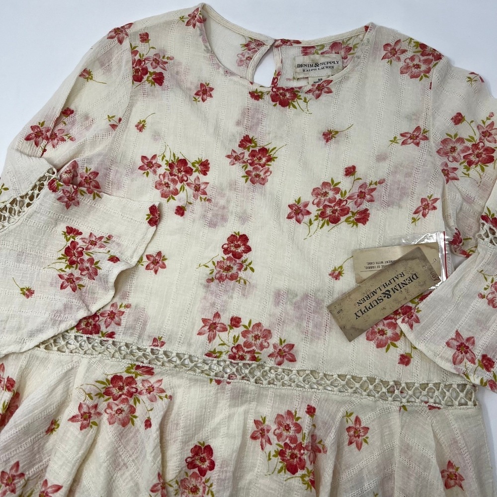 Denim & Supply Ralph Lauren Floral Bell Sleeve Peplum Blouse Cream Red Small NWT